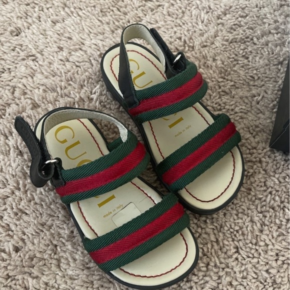 GUCCI kids Green/Red Vintage Web Nylon Open Toe Sandals Size 25/9C - Picture 5 of 12